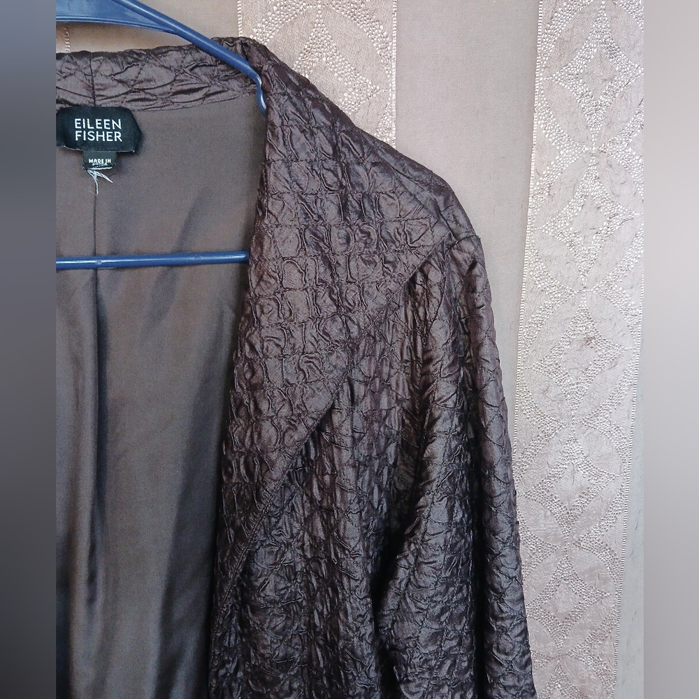 💎 Eileen Fisher 100% Silk Tussah Quilted Crinkle Jacket Brown Blazer - Picture 9 of 11